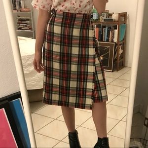 Vintage wool plaid skirt with leather straps